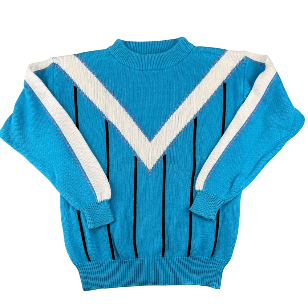 Vintage‎ Izod Club Blue Chevron Knit Sweater 80s Preppy Valley Chic Cotton Large